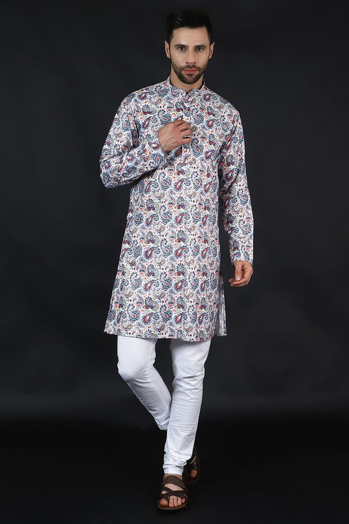 Digital Print Cotton Silk White Kurta Pyjama