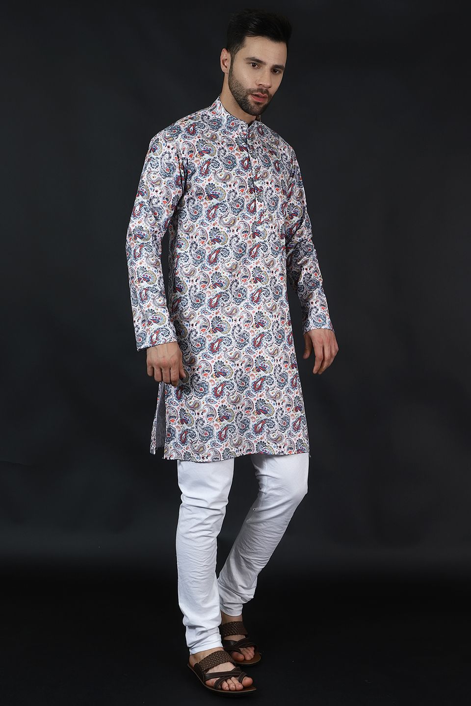 Digital Print Cotton Silk White Kurta Pyjama