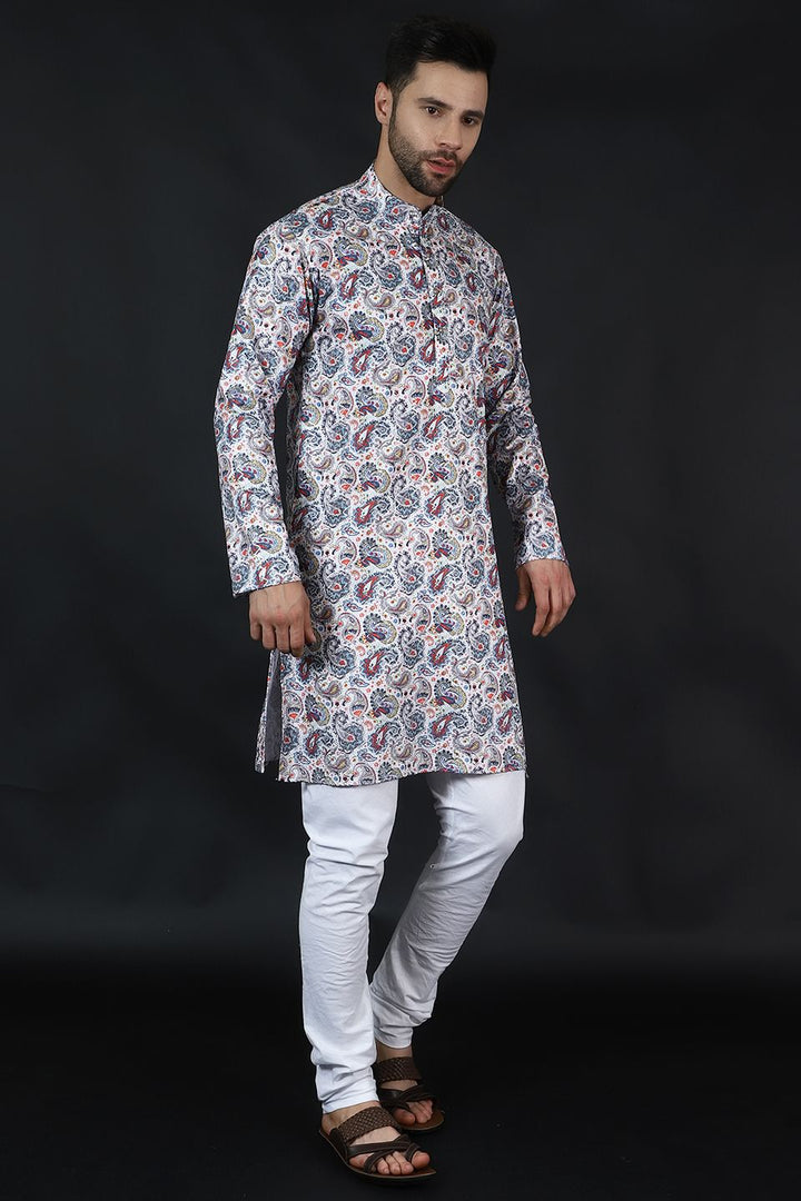 Digital Print Cotton Silk White Kurta Pyjama