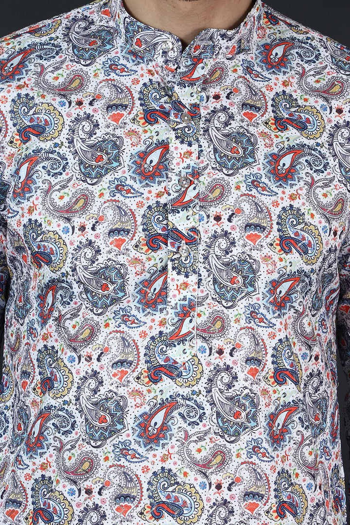 Digital Print Cotton Silk White Kurta Pyjama