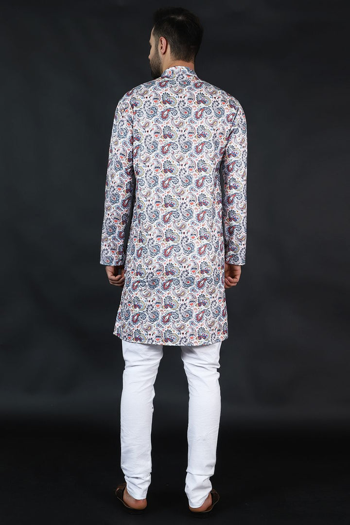 Digital Print Cotton Silk White Kurta Pyjama