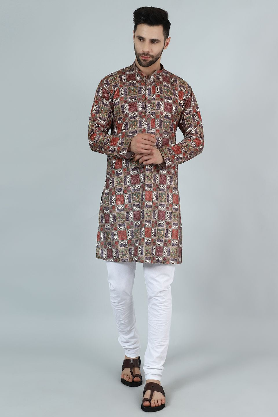 Digital Print Cotton Silk Brown Kurta Pyjama