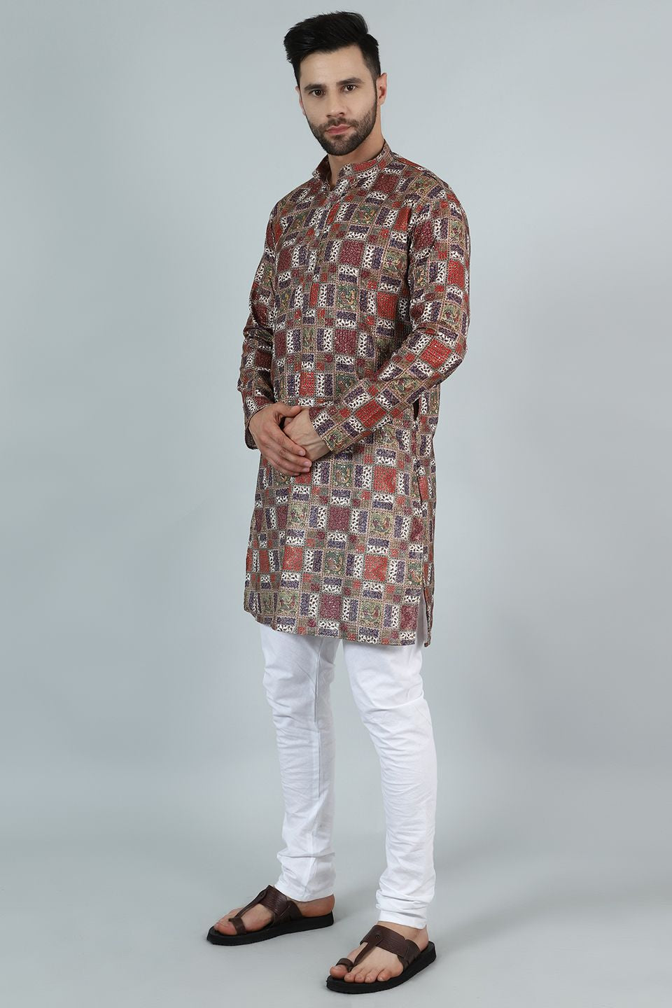 Digital Print Cotton Silk Brown Kurta Pyjama