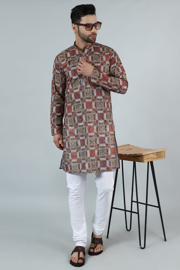 Digital Print Cotton Silk Brown Kurta Pyjama