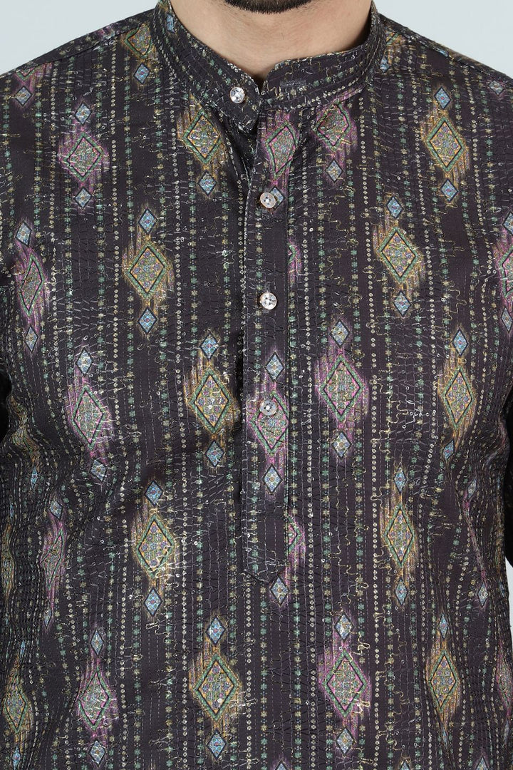 Digital Print Cotton Silk Brown Kurta Pyjama
