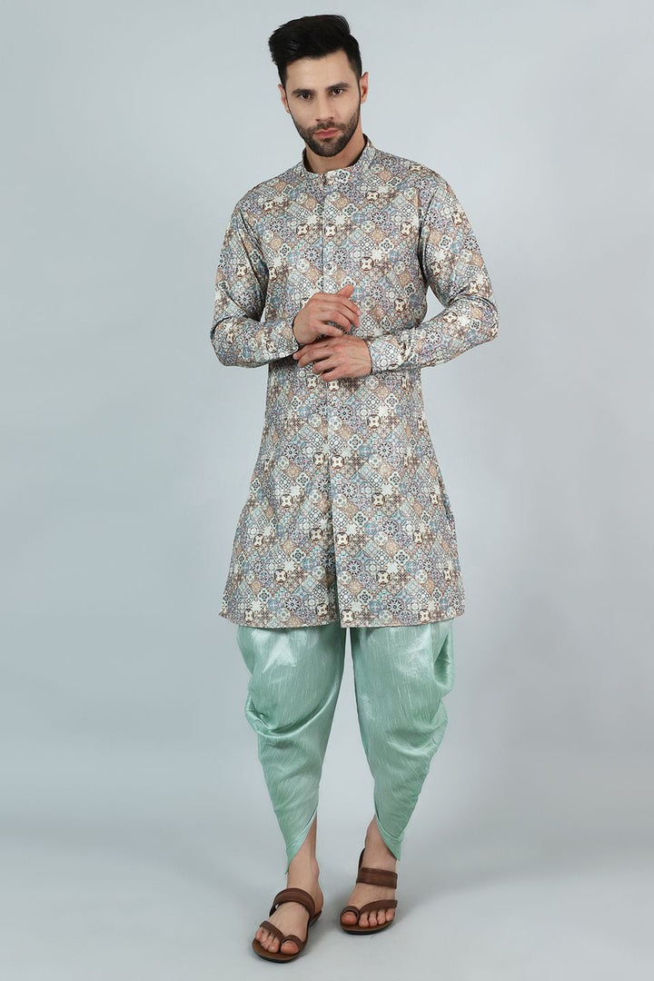 Digital Print Cotton Silk Grey Kurta Dhoti