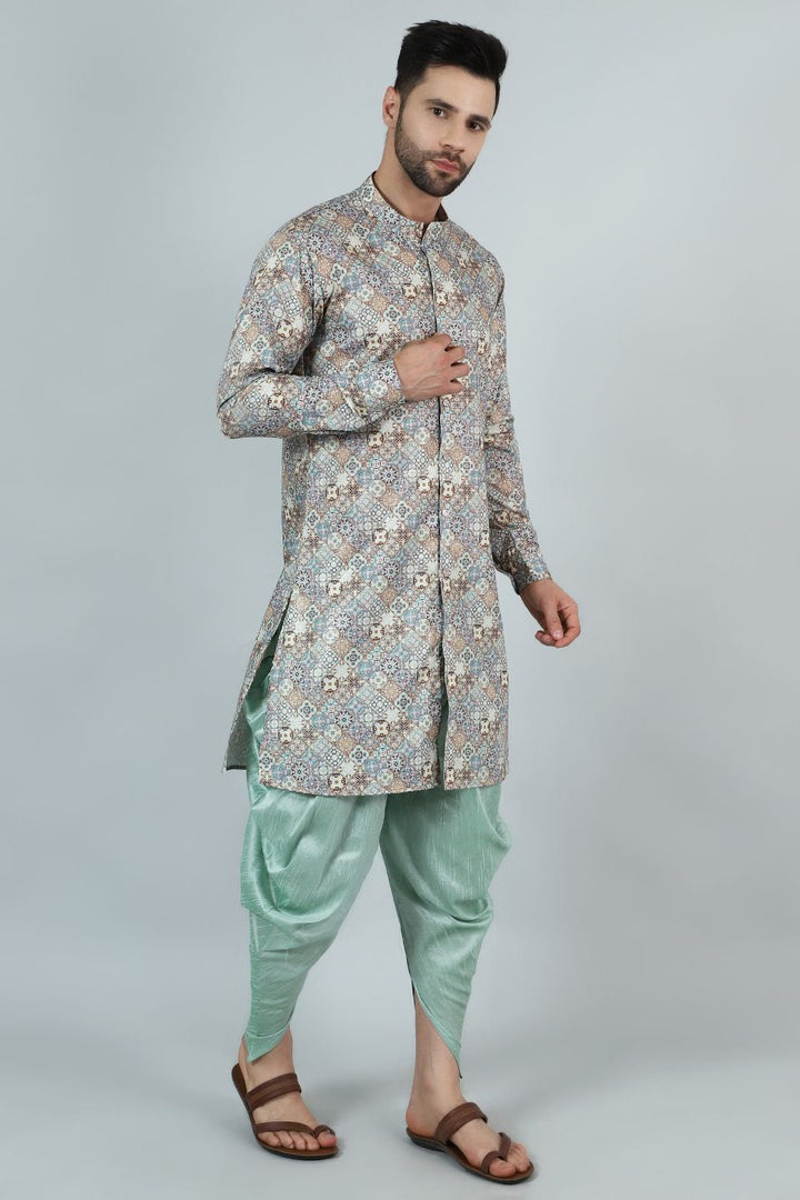 Digital Print Cotton Silk Grey Kurta Dhoti