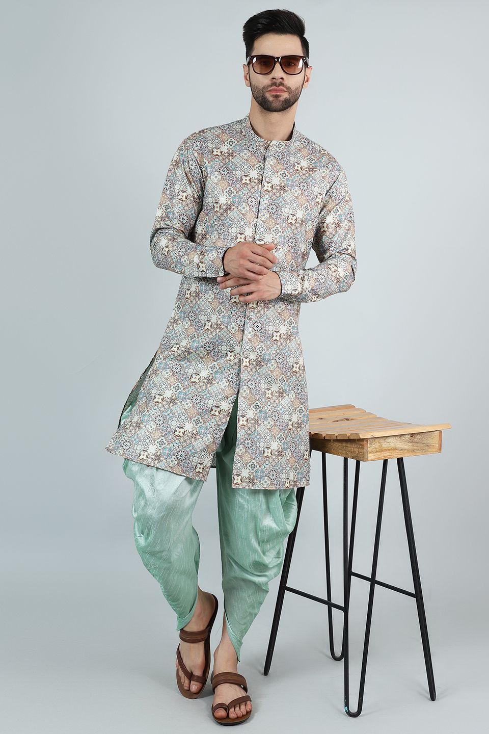 Digital Print Cotton Silk Grey Kurta Dhoti