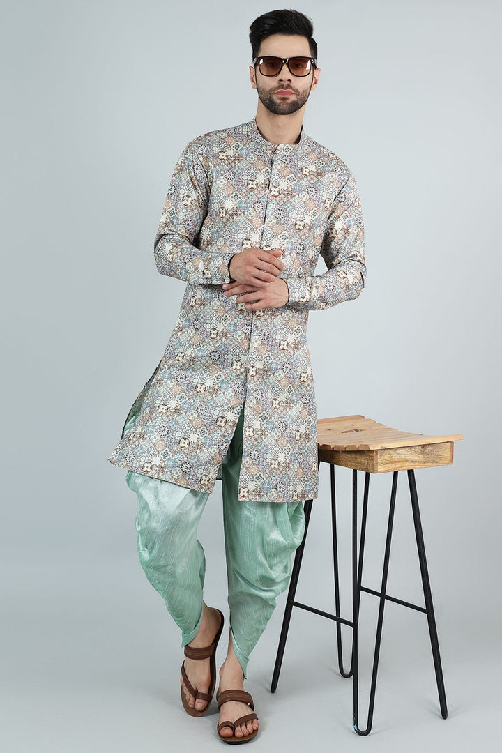 Digital Print Cotton Silk Grey Kurta Dhoti