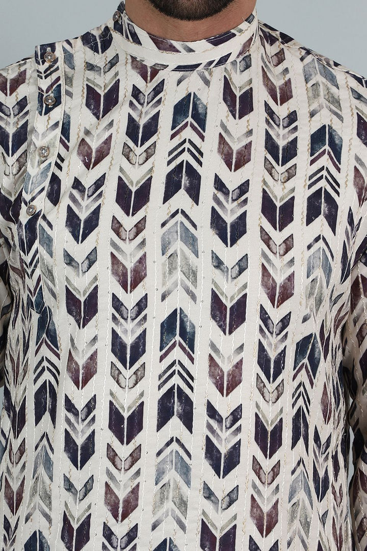 Digital Print Cotton Silk White Kurta Dhoti