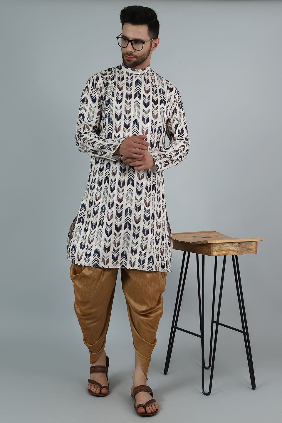 Digital Print Cotton Silk White Kurta Dhoti