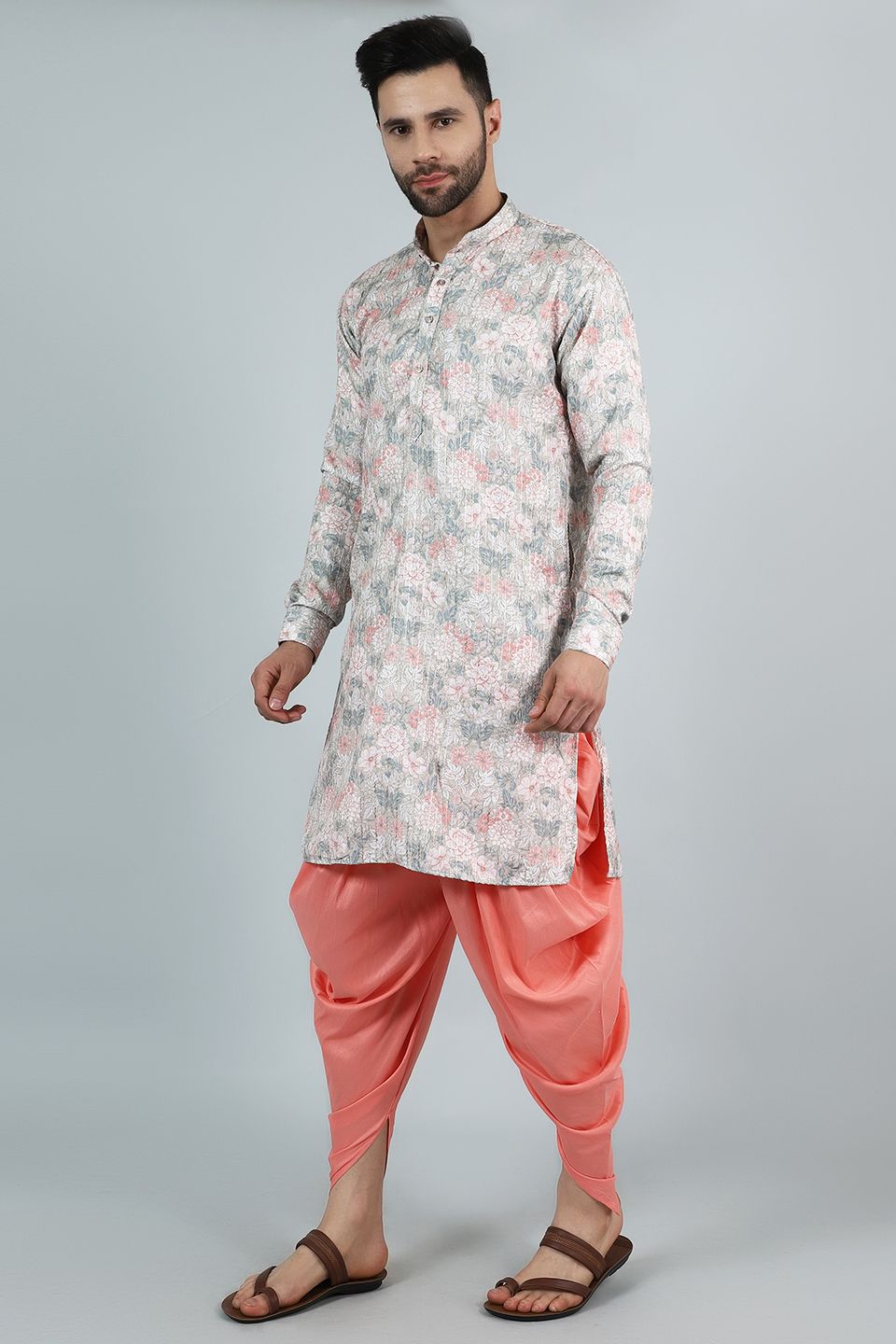 Digital Print Cotton Silk Pink Kurta Dhoti