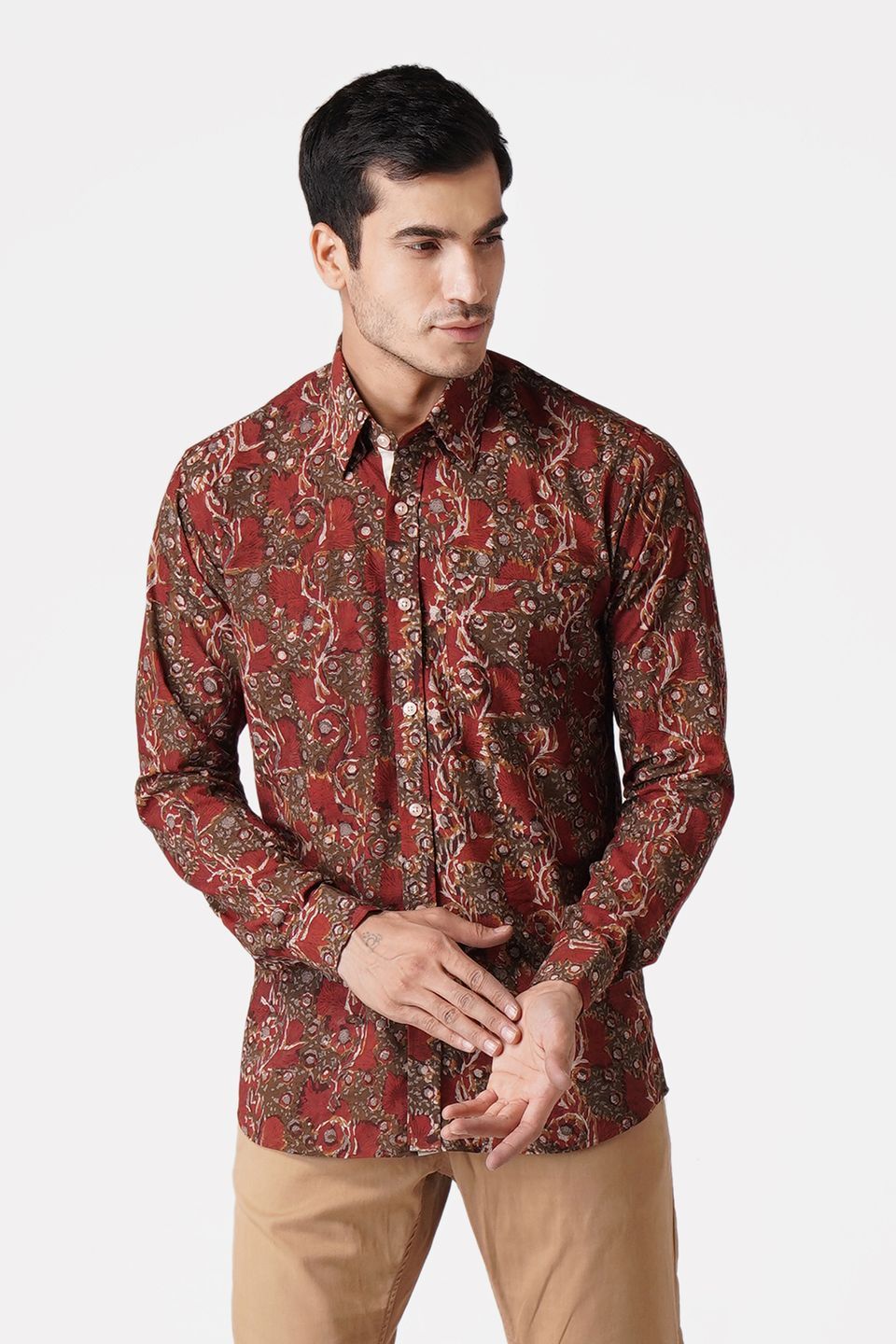 WINTAGE Men's Jaipur Cotton Tropical Hawaiian Batik Casual Shirt: Red