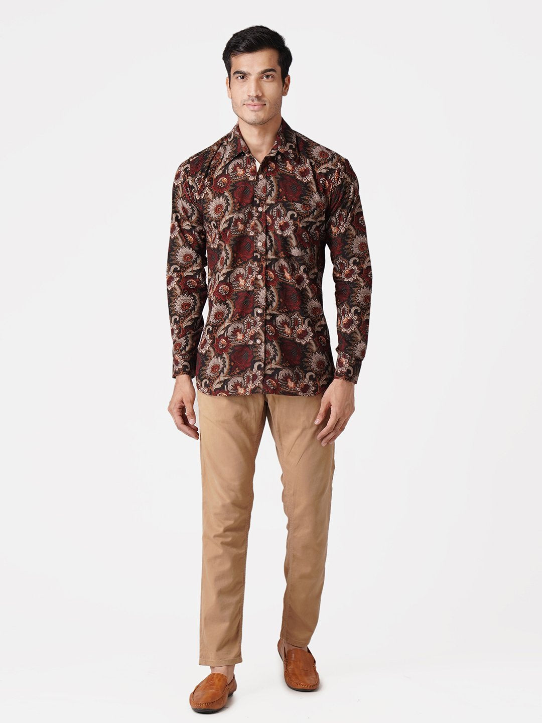 WINTAGE Men's Jaipur Cotton Tropical Hawaiian Batik Casual Shirt: Maroon