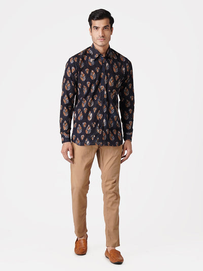 WINTAGE Men's Jaipur Cotton Tropical Hawaiian Batik Casual Shirt: Black