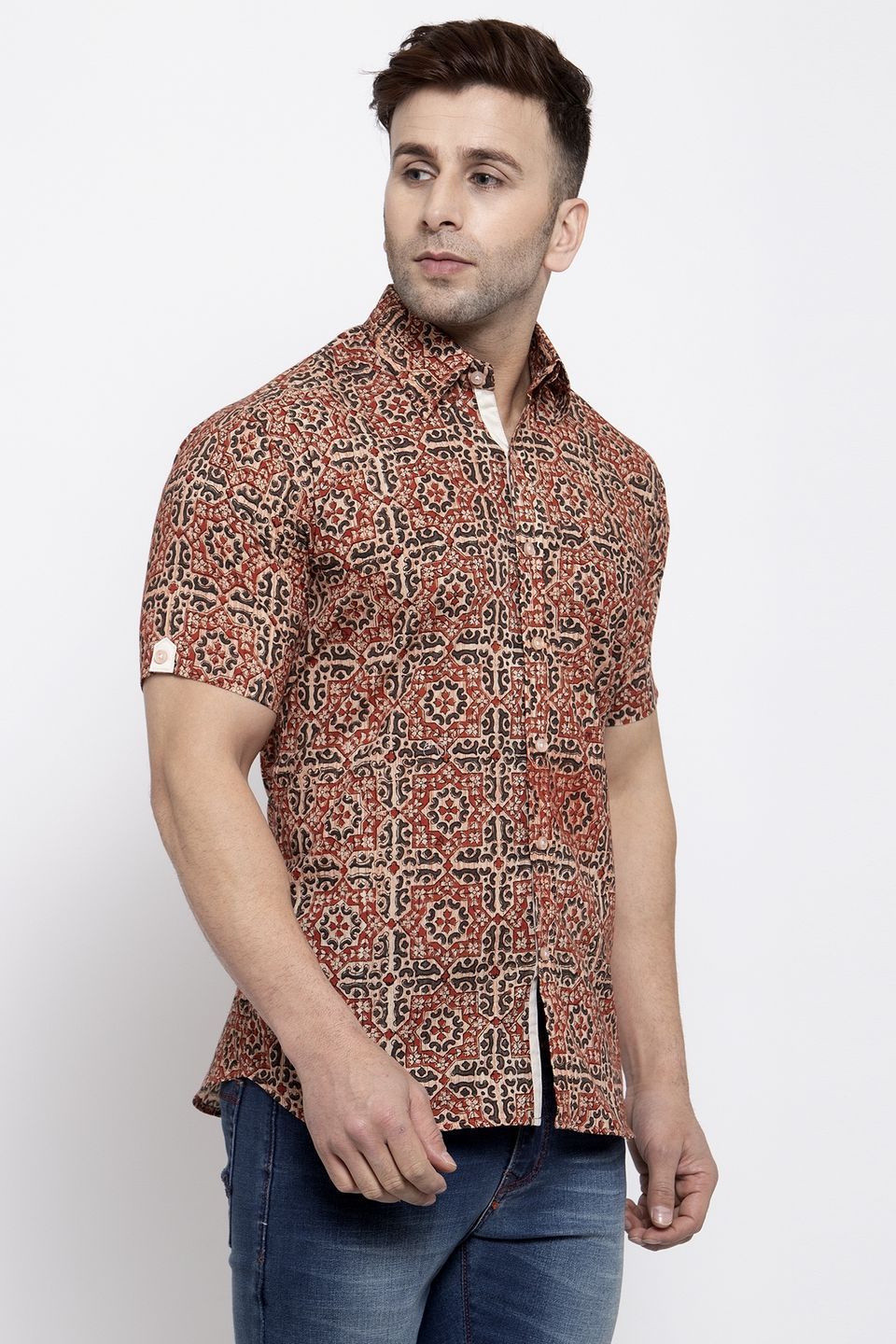 WINTAGE Men's Jaipur Cotton Tropical Hawaiian Batik Casual Shirt: Red