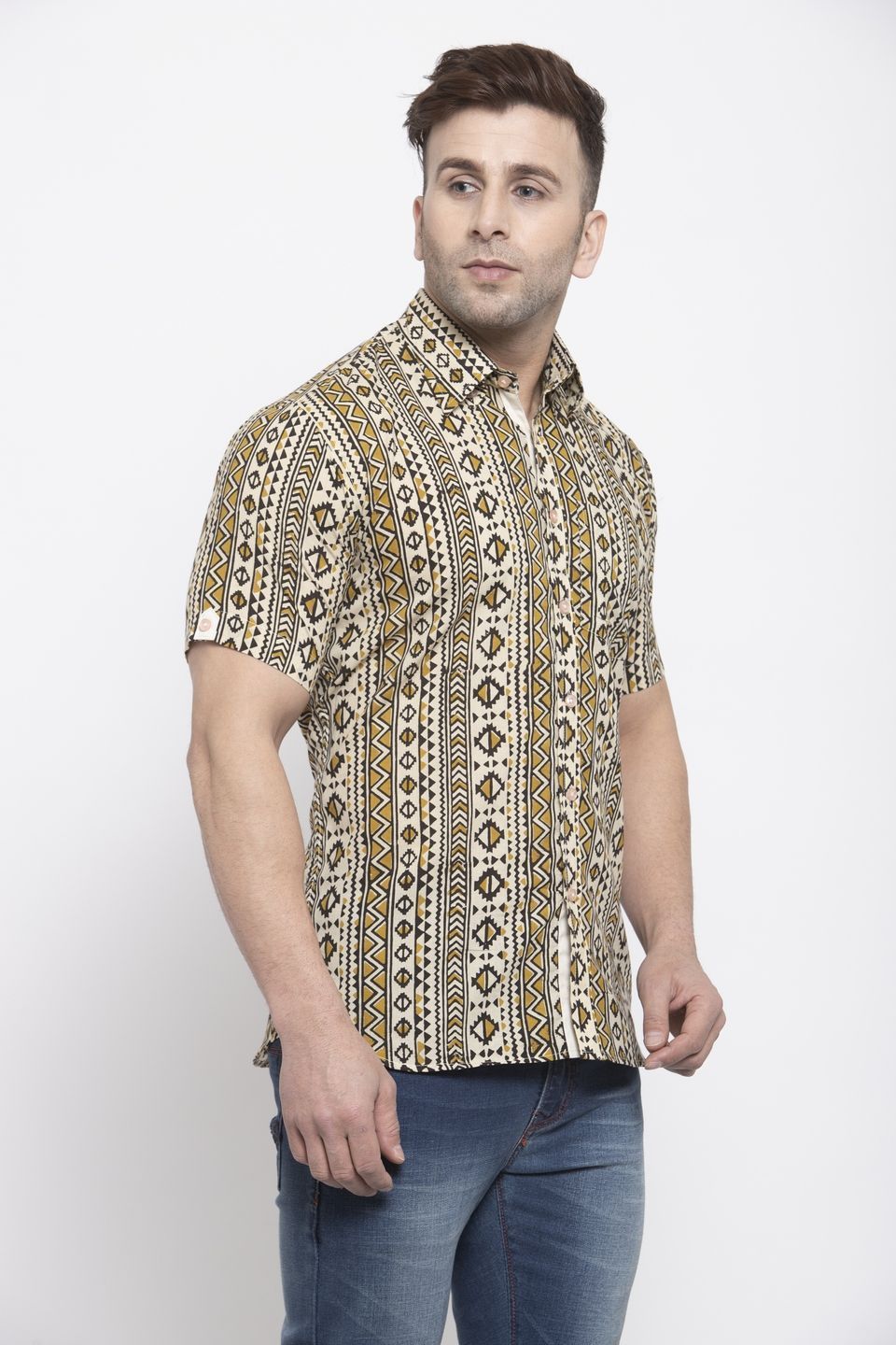 WINTAGE Men's Jaipur Cotton Tropical Hawaiian Batik Casual Shirt: Camel