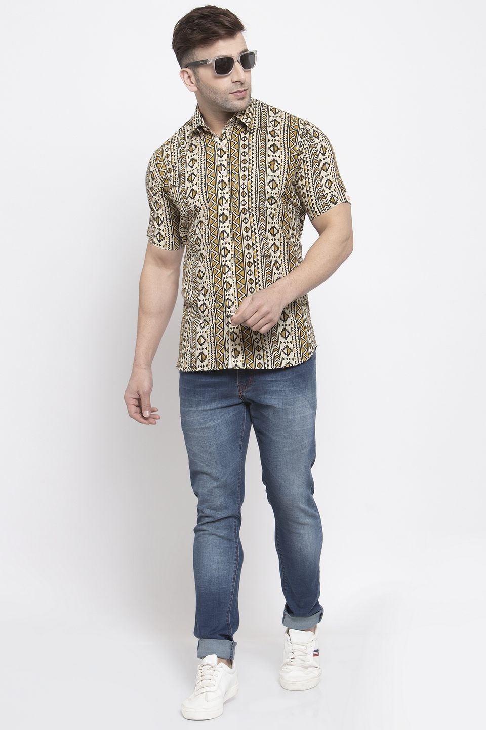 WINTAGE Men's Jaipur Cotton Tropical Hawaiian Batik Casual Shirt: Camel