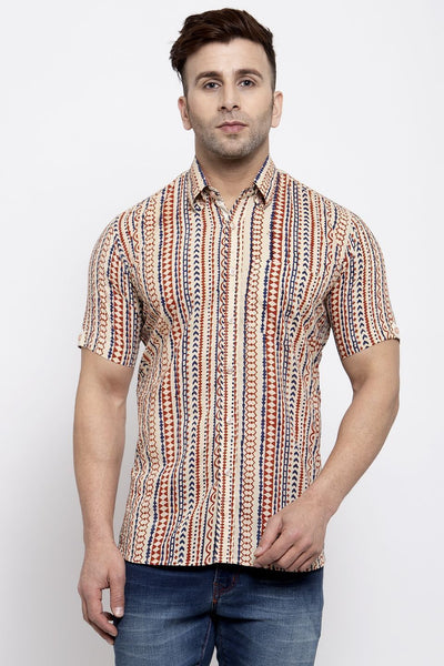 WINTAGE Men's Jaipur Cotton Tropical Hawaiian Batik Casual Shirt: Cream