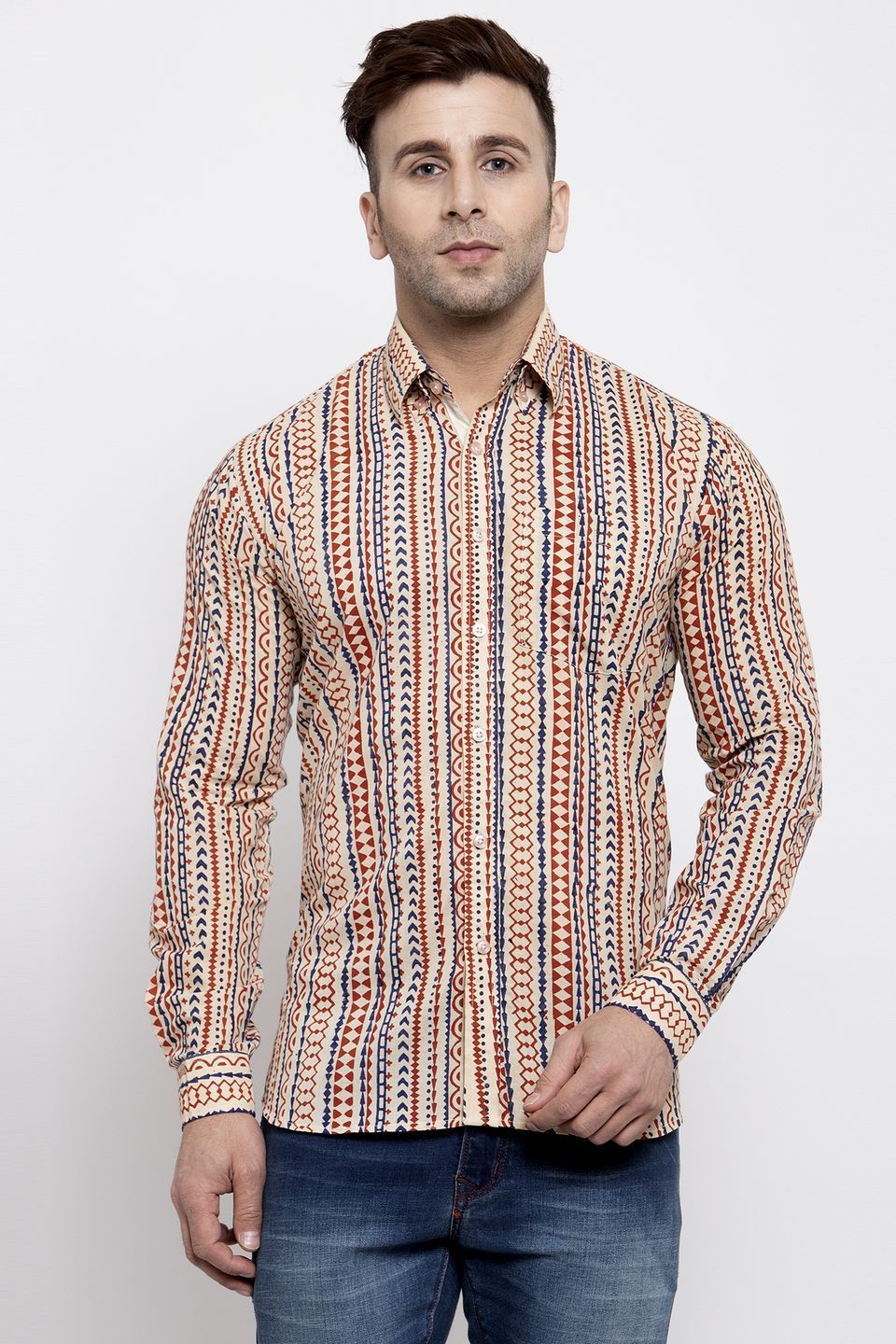 WINTAGE Men's Jaipur Cotton Tropical Hawaiian Batik Casual Shirt: Cream
