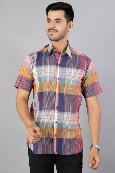 Linen Cotton Multicolored Checkred Shirt