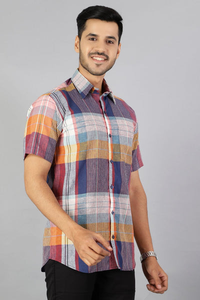 Linen Cotton Multicolored Checkred Shirt