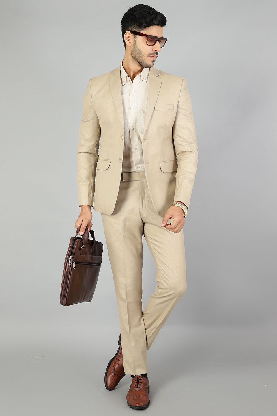 Polyester Cotton Plain Beige Suit