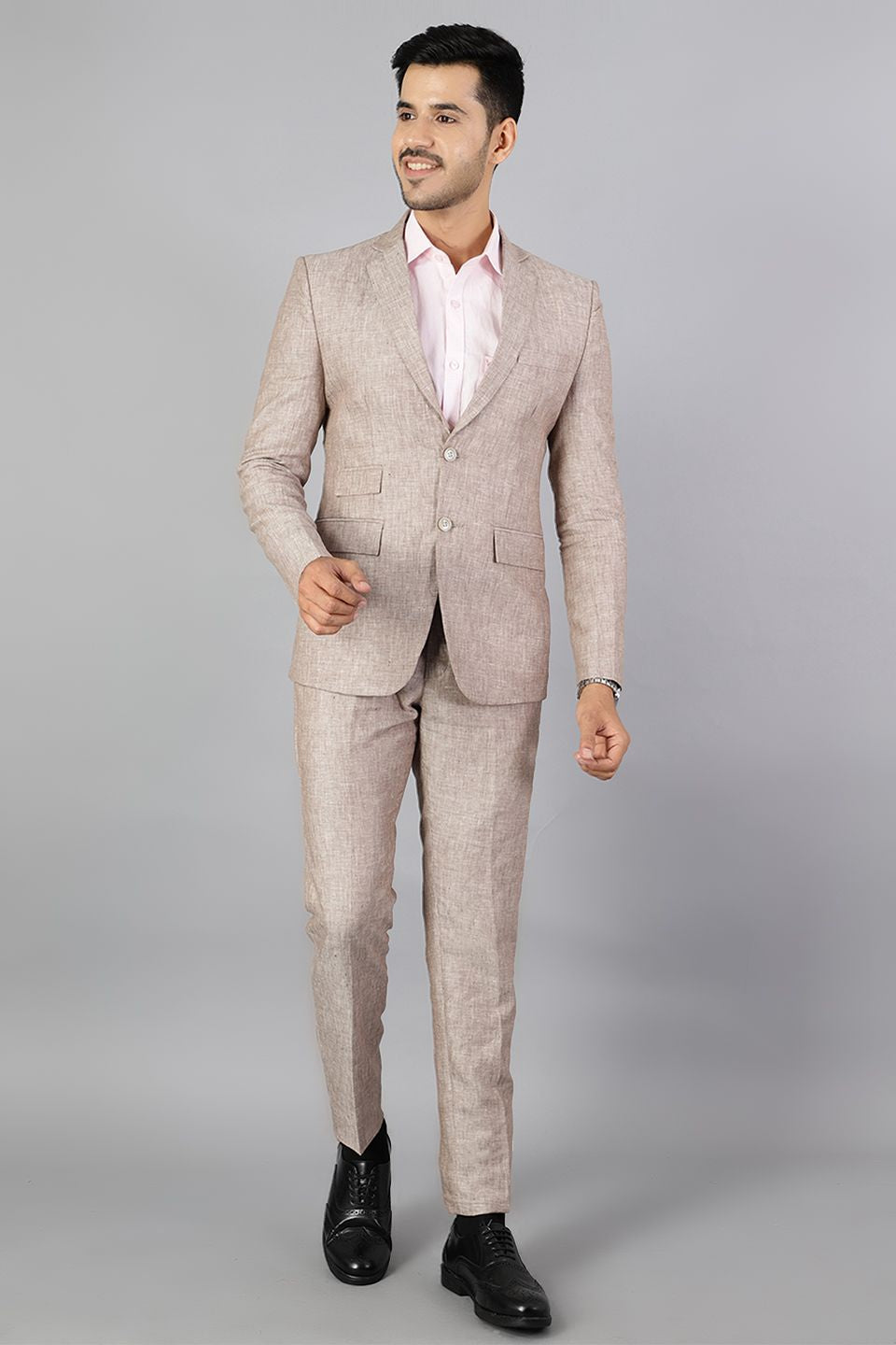 Men Linen Brown 2 Piece Suit