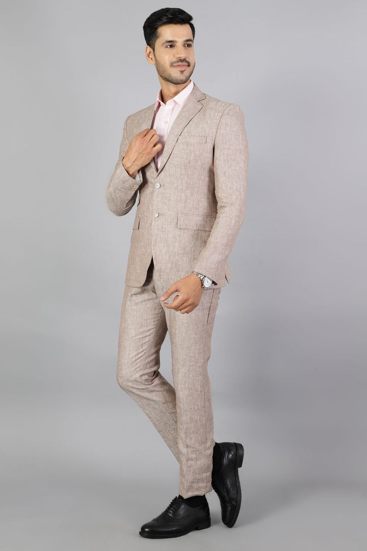 Men Linen Brown 2 Piece Suit