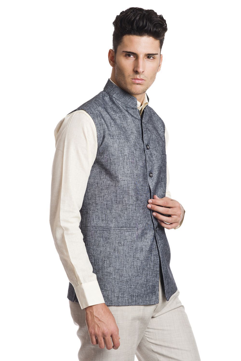 Linen Blend Grey Nehru Jacket