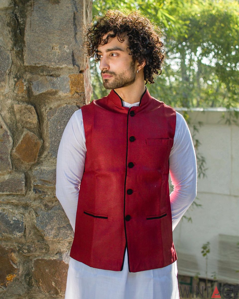 Polyester Cotton Red Modi Nehru Jacket