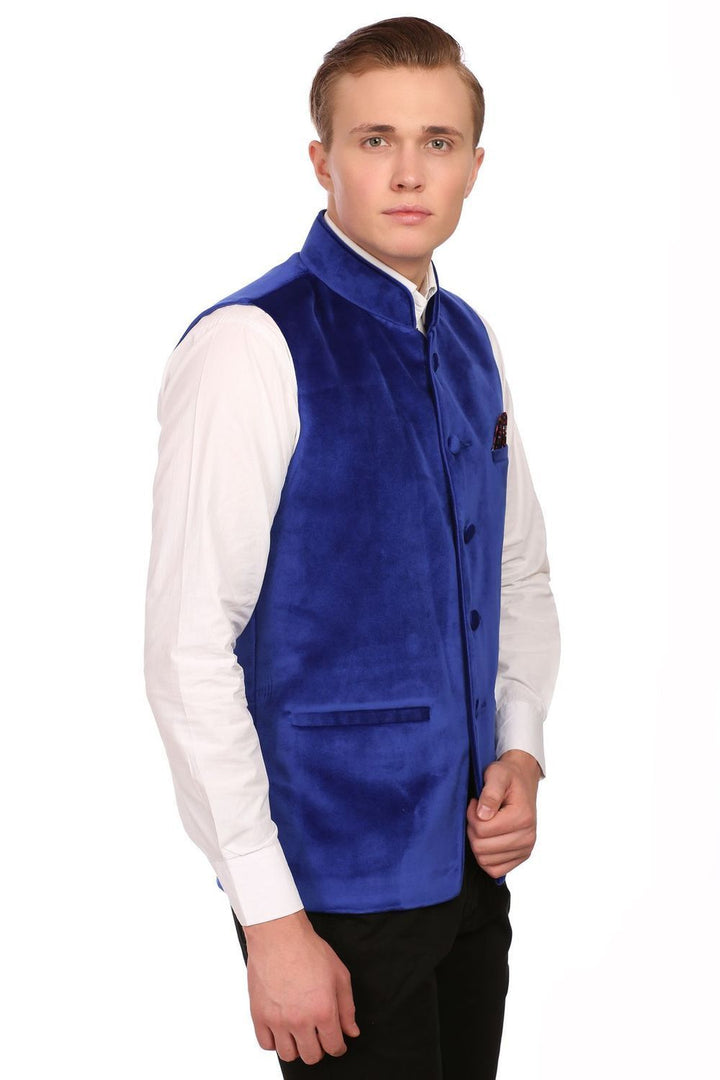 Dust Free Cotton Velvet Blue Nehru Jacket