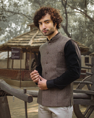 Tweed Wool Blend Brown Modi Nehru Jacket