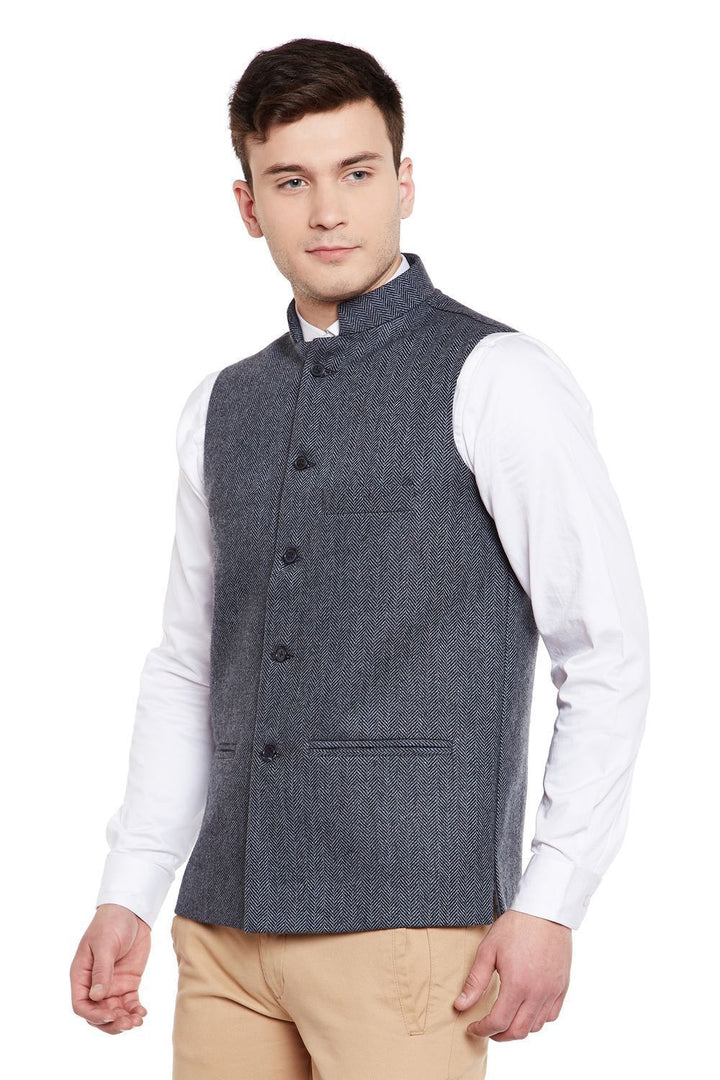 Tweed Wool Blend Blue Nehru Jacket