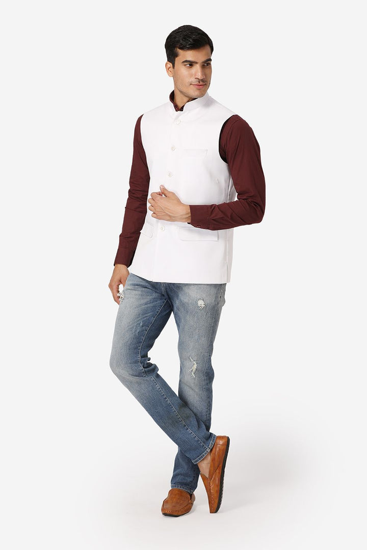 WINTAGE Men's Poly Cotton Festive and Casual Nehru Jacket Vest Waistcoat : White
