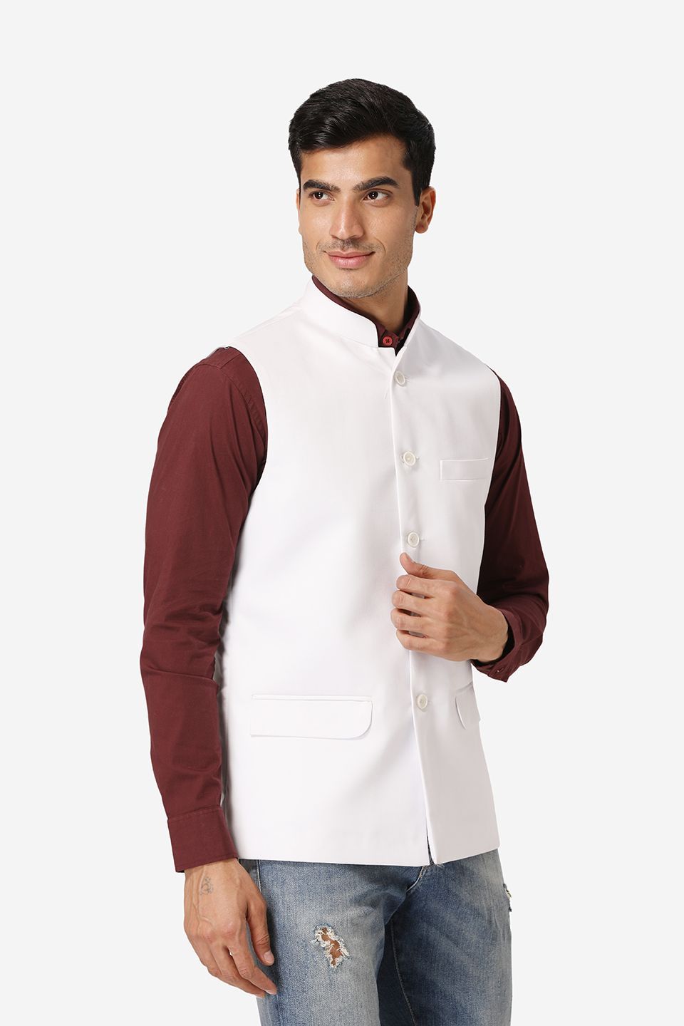 WINTAGE Men's Poly Cotton Festive and Casual Nehru Jacket Vest Waistcoat : White