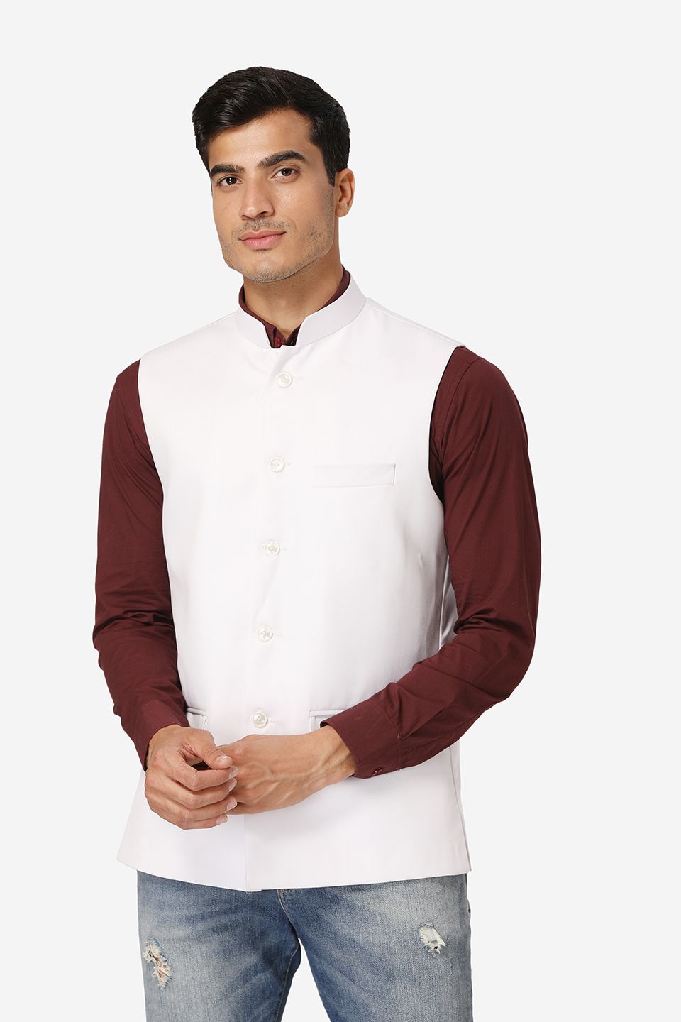 WINTAGE Men's Poly Cotton Festive and Casual Nehru Jacket Vest Waistcoat : White