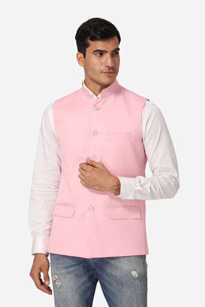 WINTAGE Men's Poly Cotton Festive and Casual Nehru Jacket Vest Waistcoat : Light Pink