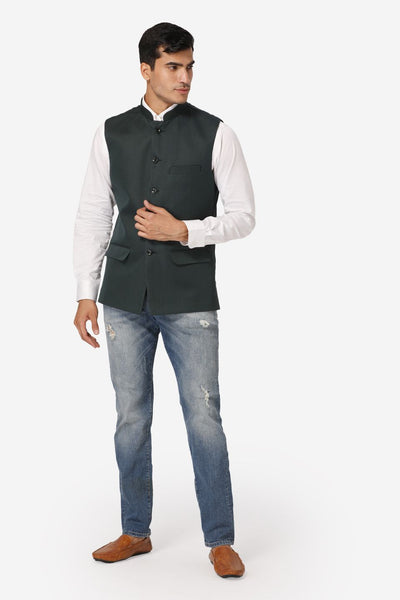 WINTAGE Men's Poly Cotton Festive and Casual Nehru Jacket Vest Waistcoat : Dark Green
