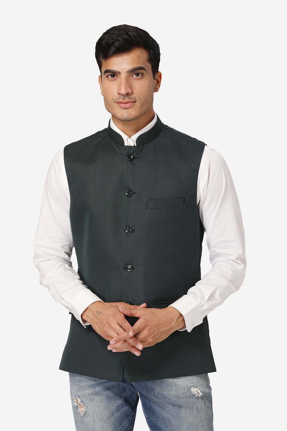 WINTAGE Men's Poly Cotton Festive and Casual Nehru Jacket Vest Waistcoat : Dark Green
