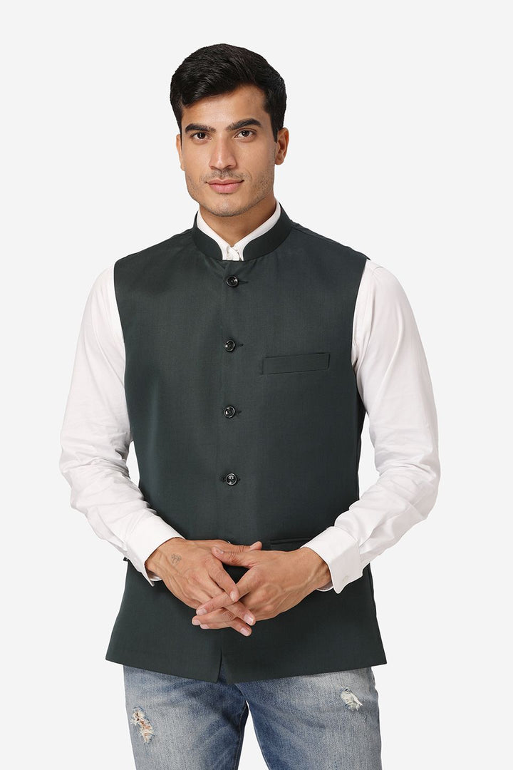 WINTAGE Men's Poly Cotton Festive and Casual Nehru Jacket Vest Waistcoat : Dark Green