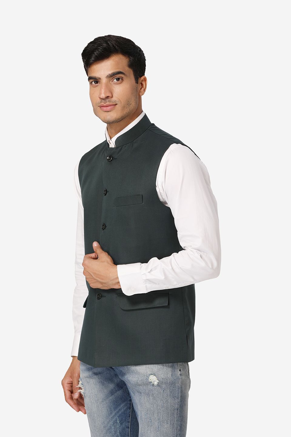 WINTAGE Men's Poly Cotton Festive and Casual Nehru Jacket Vest Waistcoat : Dark Green
