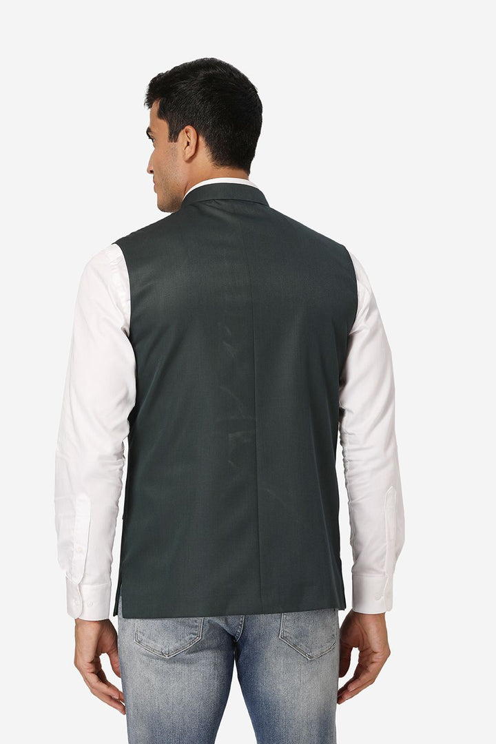 WINTAGE Men's Poly Cotton Festive and Casual Nehru Jacket Vest Waistcoat : Dark Green