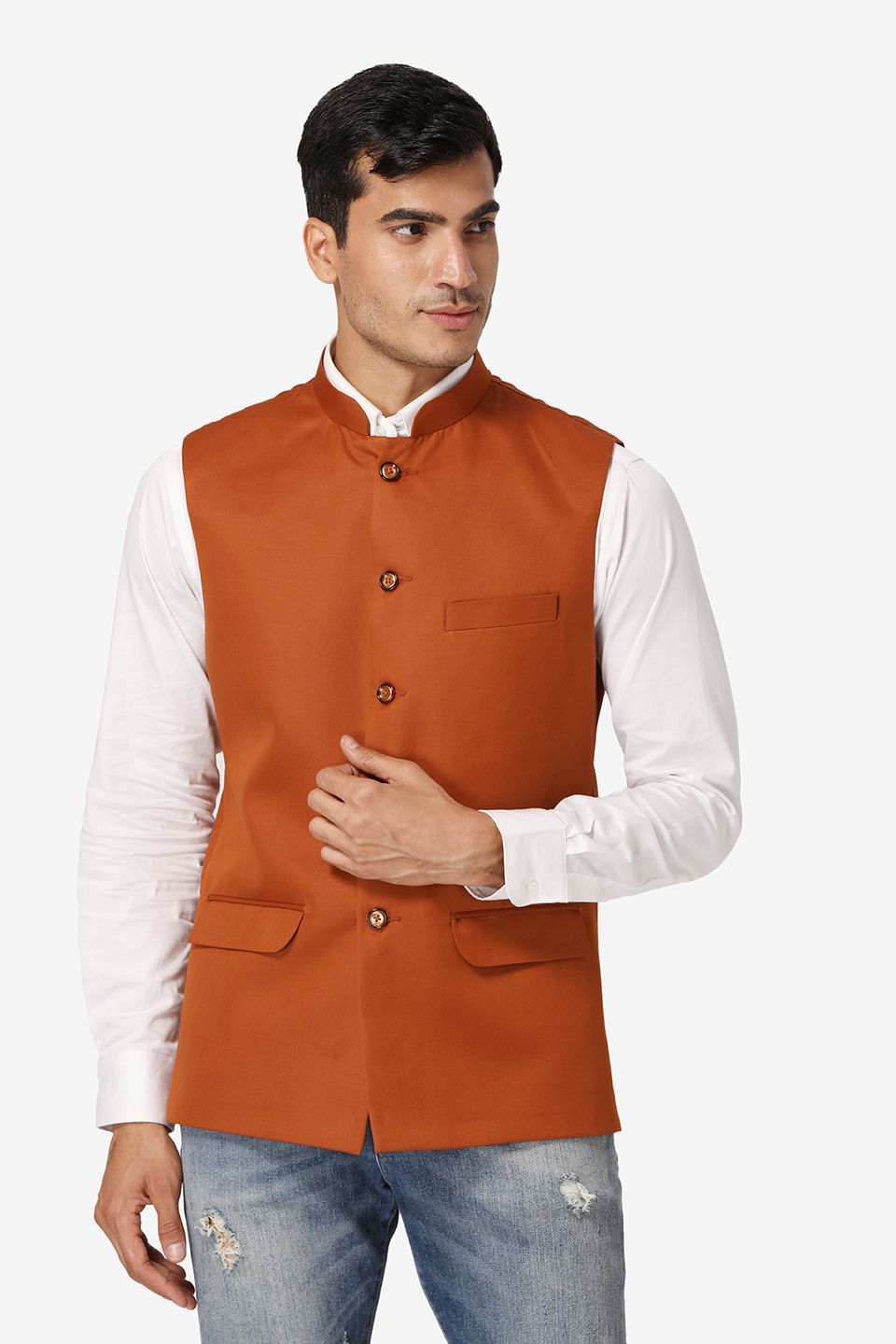WINTAGE Men's Poly Cotton Festive and Casual Nehru Jacket Vest Waistcoat : Orange