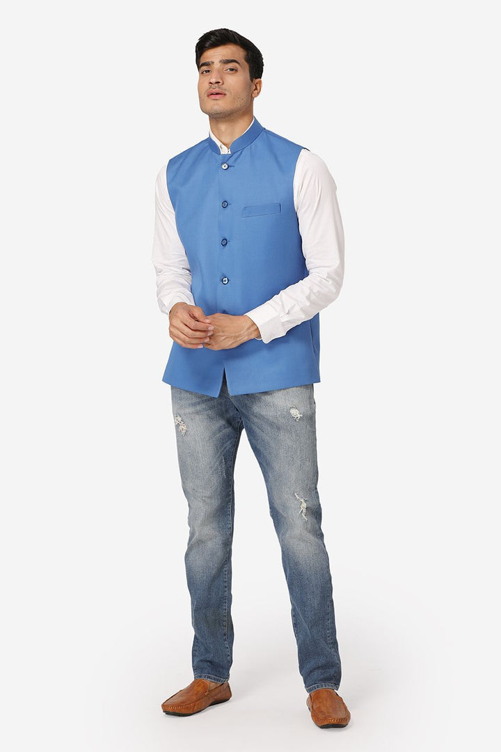 WINTAGE Men's Poly Cotton Festive and Casual Nehru Jacket Vest Waistcoat : Light Blue