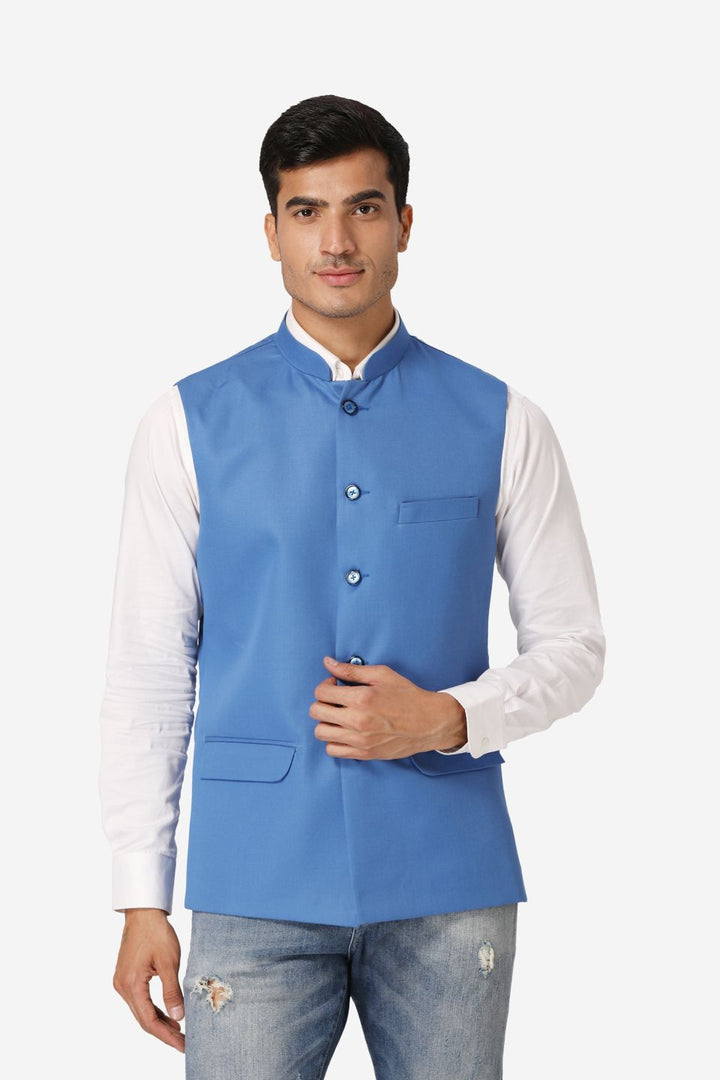 WINTAGE Men's Poly Cotton Festive and Casual Nehru Jacket Vest Waistcoat : Light Blue