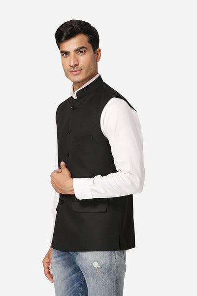 WINTAGE Men's Poly Cotton Festive and Casual Nehru Jacket Vest Waistcoat : Black