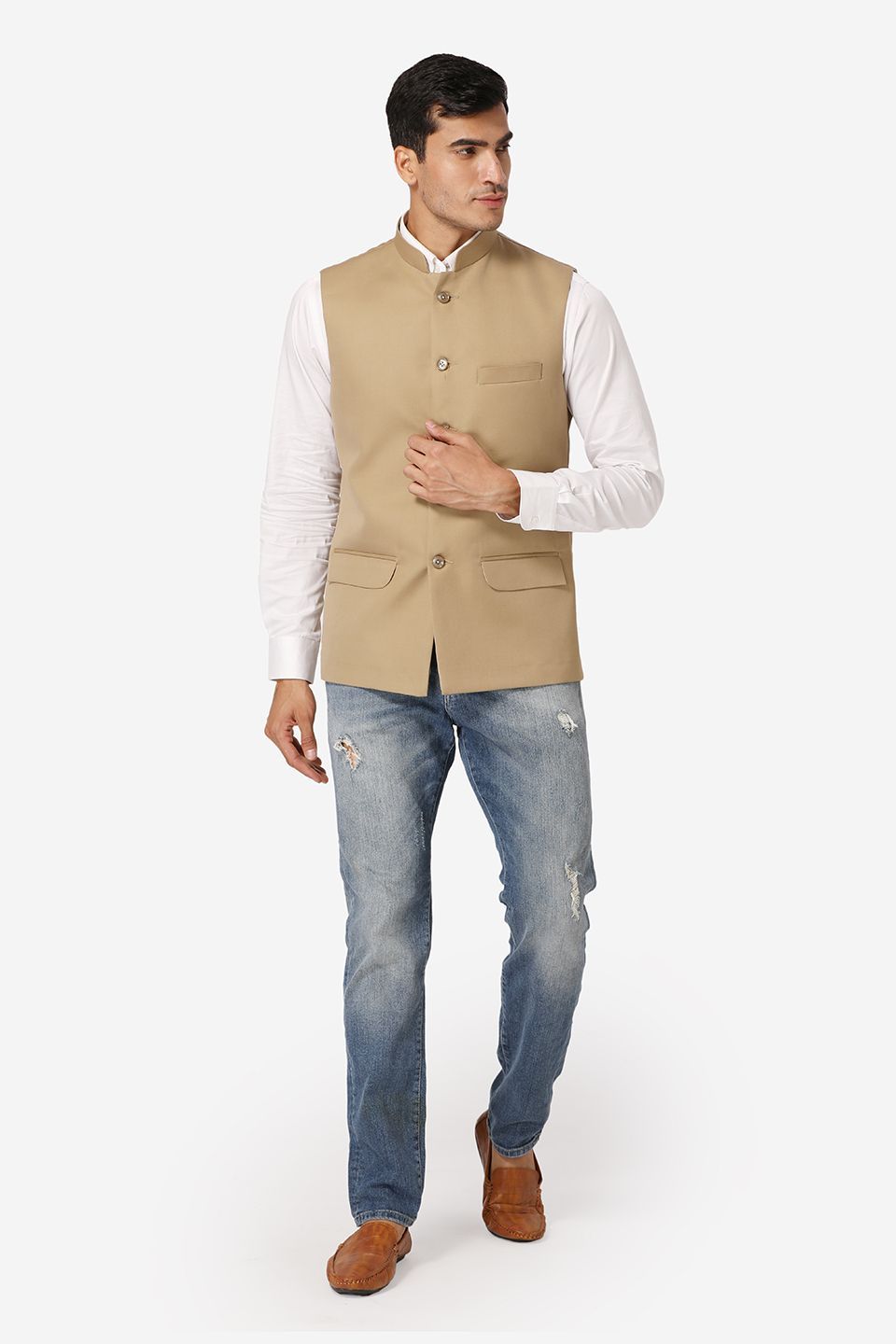 WINTAGE Men's Poly Cotton Festive and Casual Nehru Jacket Vest Waistcoat : Beige