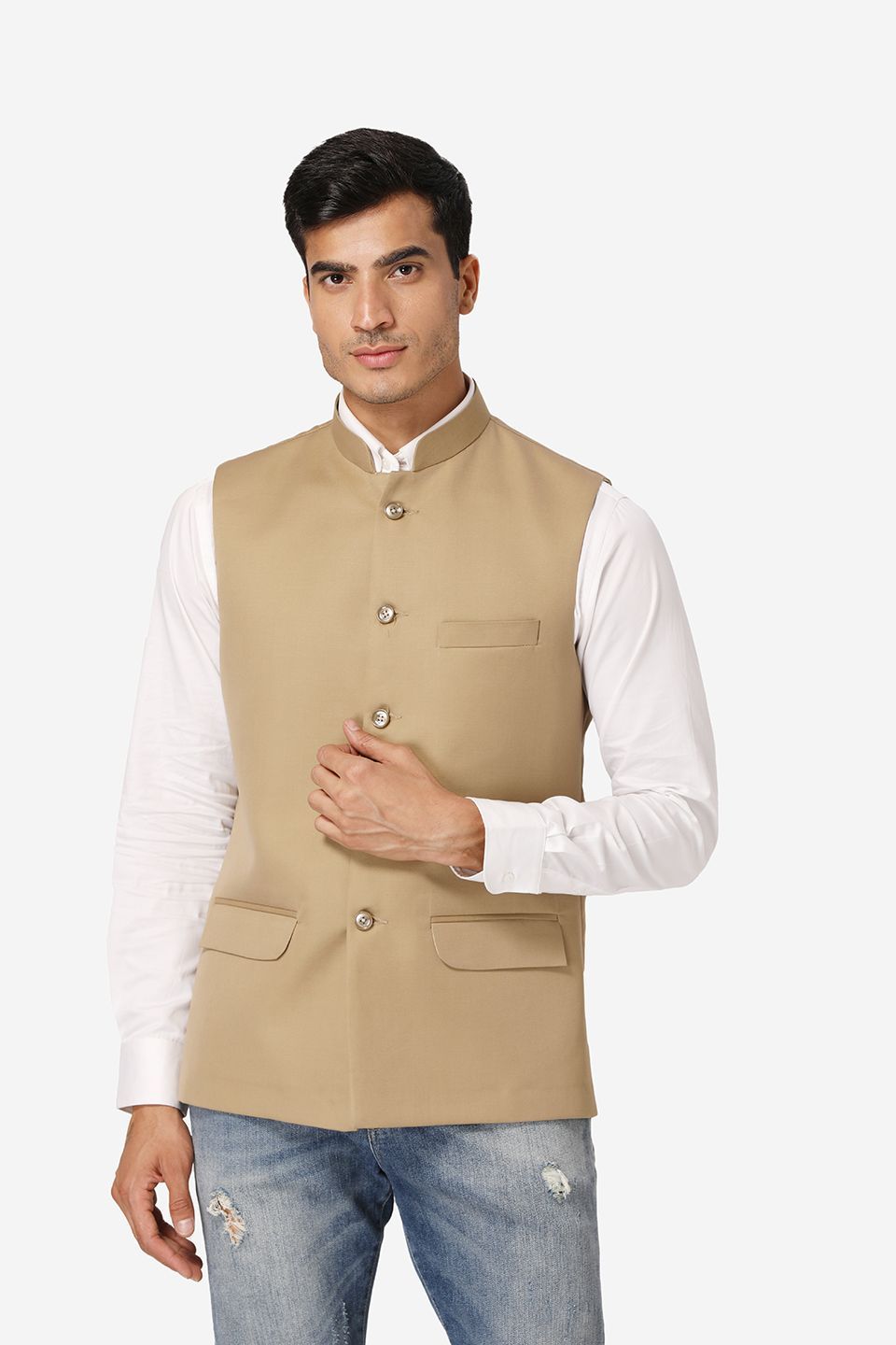 WINTAGE Men's Poly Cotton Festive and Casual Nehru Jacket Vest Waistcoat : Beige