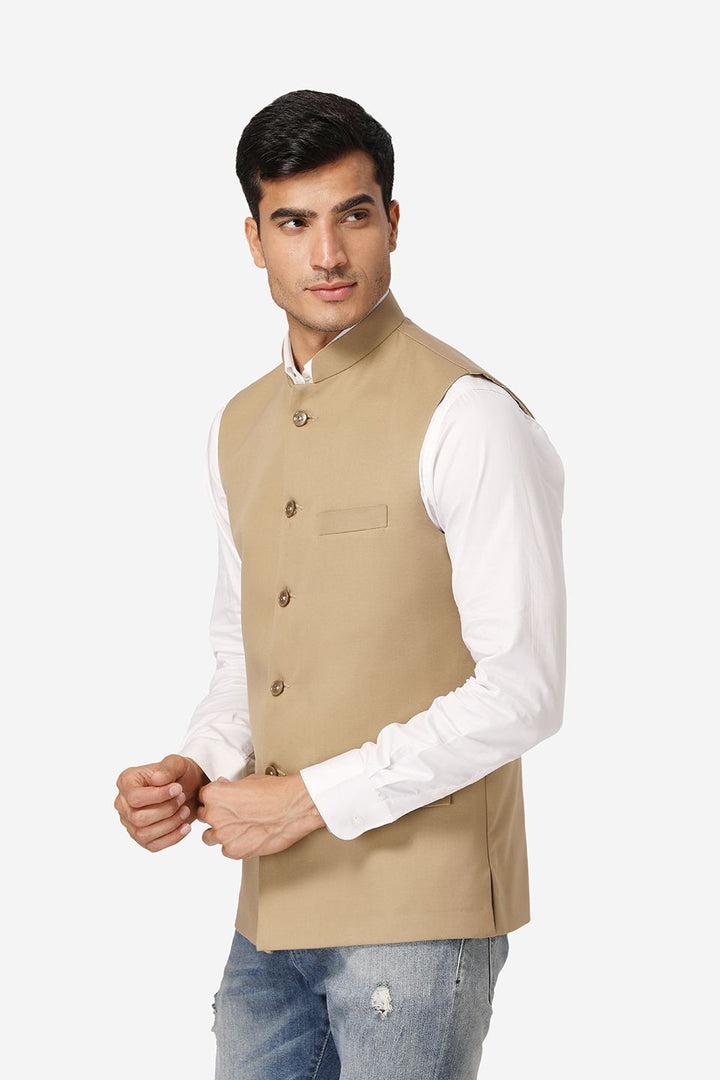 WINTAGE Men's Poly Cotton Festive and Casual Nehru Jacket Vest Waistcoat : Beige